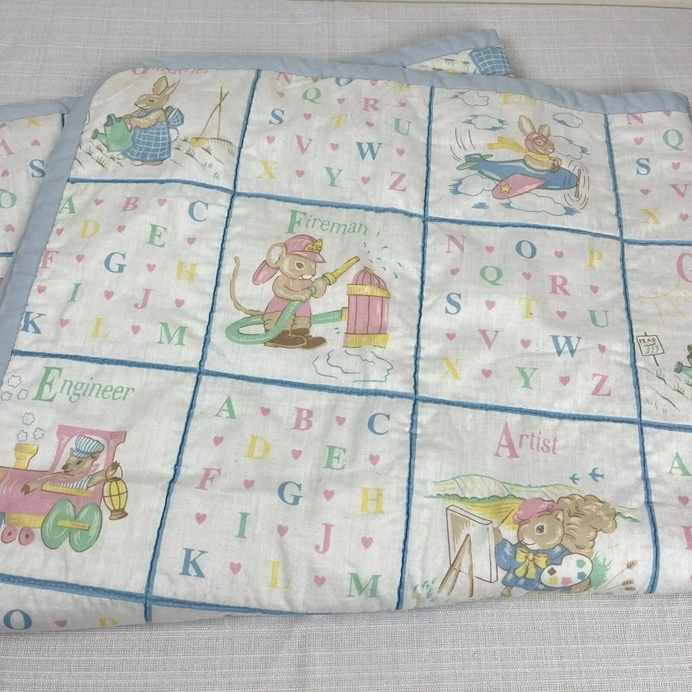 Vintage Baby Blanket Crib‎ Quilt ABCs Animals Pastel Mouse Bunny Bear 42x36